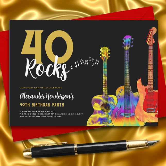 Convites aniversário de 40 anos da festa 40: Violão de roch (Rock and roll guitar black and gold 40th birthday party invitation guitarist musician music lover)