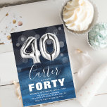 Convites Aniversário de 40 anos de 40 balões azuis e pratea<br><div class="desc">Convite de festas aniversário de 40 anos moderno projetado com um fundo azul-impermeável, confete de bolhas transparente e 40 balões de hélio grandes e prateados. O nome é escrito em um texto branco elegante, caligrafia, com um simples modelo de aniversário por baixo, que é fácil de personalizar. Fundo listrado de...</div>