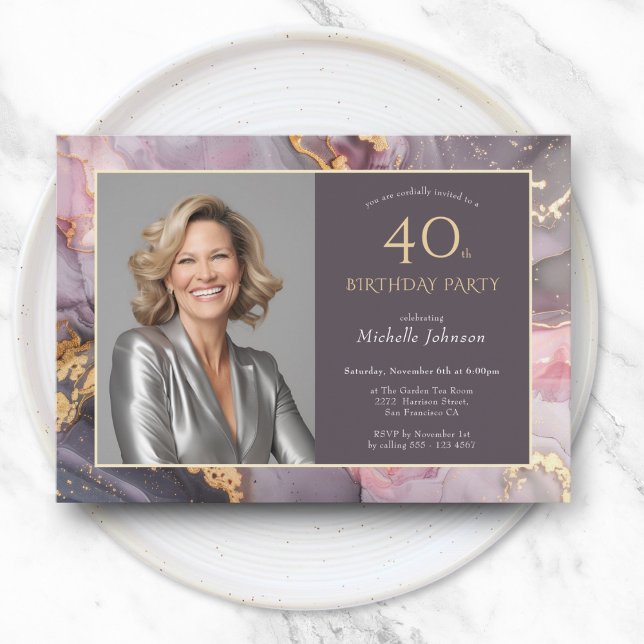 Convites Aniversário de 40 anos de Agate de Fotografia Dour (Elegant Pink Gold Photo Agate 40th Birthday Invitation)
