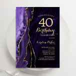 Convites Aniversário de 40 anos de Agate Dourado<br><div class="desc">Convite de festas de aniversário de 40 anos de agato roxo e dourado. Elegante design moderno com aquarela agate marble geode background, faux glitter gold e typografia script font. Trendy convida o cartão perfeito para uma comemoração de dia das mulheres na moda. Impressos convites Zazzle ou modelo de impressão digital...</div>