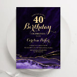Convites Aniversário de 40 anos de Agate Dourado<br><div class="desc">Convite de festas de aniversário de 40 anos de agato roxo e dourado. Elegante design moderno com aquarela agate marble geode background, faux glitter gold e typografia script font. Trendy convida o cartão perfeito para uma comemoração de dia das mulheres na moda. Impressos convites Zazzle ou modelo de impressão digital...</div>