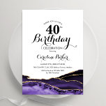 Convites Aniversário de 40 anos de Agate Dourado branco rox<br><div class="desc">Convite de festas de aniversário de 40 anos roxo, branco e dourado. Elegante design moderno com aquarela agate marble geode background, faux glitter gold e typografia script font. Trendy convida o cartão perfeito para uma comemoração de dia das mulheres na moda. Impressos convites Zazzle ou modelo de impressão digital instantânea...</div>