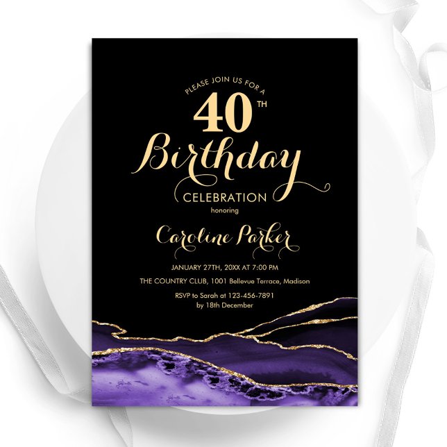 Convites Aniversário de 40 anos de Agate Dourado preto-roxo (Criador carregado)