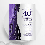 Convites Aniversário de 40 anos de Agato Puro de Prata Eleg<br><div class="desc">Aniversário de 40 anos convite de festas de agato roxo e prateado. Elegante design moderno com aquarela agate marble geode background, faux glitter prata e tipografia. Trendy convida o cartão perfeito para uma comemoração de dia das mulheres na moda. Impressos convites Zazzle ou modelo de impressão digital instantânea para download....</div>