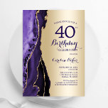 Convites Aniversário de 40 anos de Agato Roxo Elegante Dour<br><div class="desc">Convite de festas de aniversário de 40 anos de agato roxo e dourado. Elegante design moderno com aquarela agate marble geode background, faux glitter gold e typografia script font. Trendy convida o cartão perfeito para uma comemoração de dia das mulheres na moda. Impressos convites Zazzle ou modelo de impressão digital...</div>