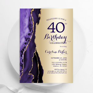 Convites Aniversário de 40 anos de Agato Roxo Elegante Dour