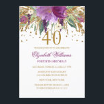 Convites Aniversário de 40 anos de Ametist Floral Glitter E<br><div class="desc">Mais convites florais na loja Little Bayleigh! Utilizámos o trabalho de arte de: www.createthecut.com</div>