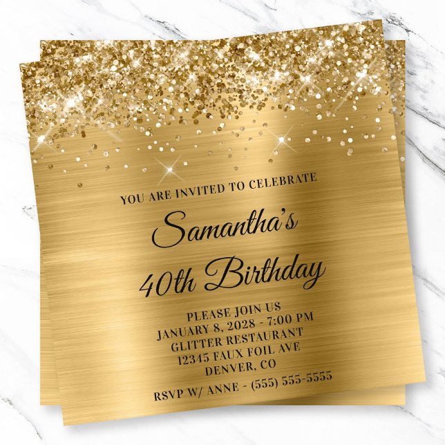 Convites Aniversário de 40 anos de aparência metálica Doura (Glittery Gold Metallic Look 40th Birthday Invitation)