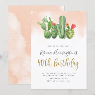 Convites aniversário de 40 anos de Aquarela Rosa e Cactus