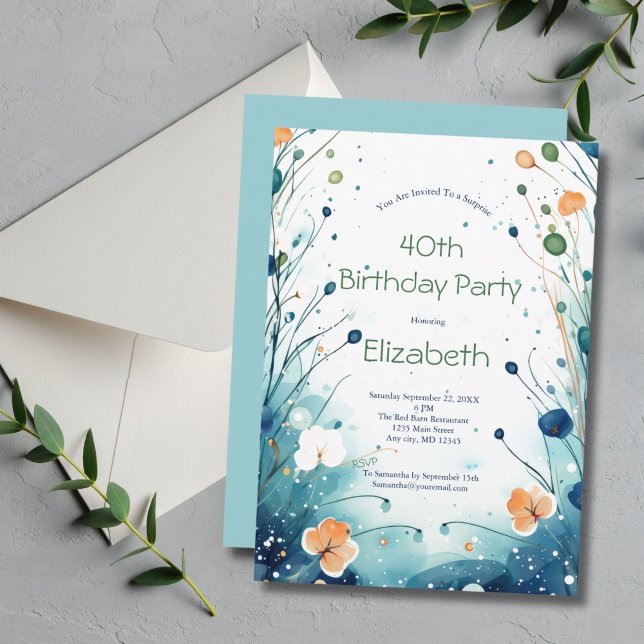 Convites Aniversário de 40 anos de Aquarela Verde Verde Azu (Blue Green Orange Watercolor Floral Birthday invitation for her. Editable for any year)