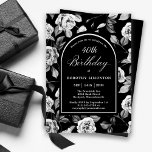 Convites Aniversário de 40 anos de Arco Floral Rosa branco<br><div class="desc">O padrão floral rosa preto e branco muito elegante cria um modelo de convite para aniversário de 40 anos. O texto branco e a caligrafia são enquadrados por um arco preto borrado em branco. Disponível em estoque de cartão ou como download digital. Este item faz parte da Coleção Floral de...</div>