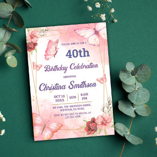 Convites Aniversário de 40 anos de borboleta floral rosa el