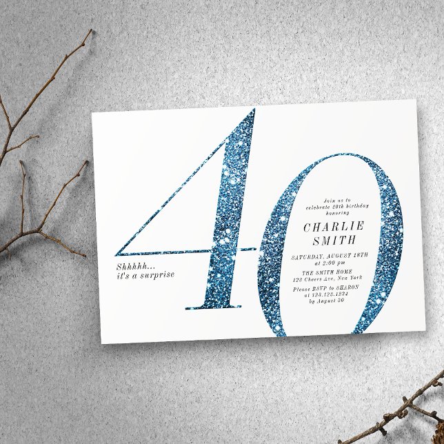 Convites Aniversário de 40 anos de brilho azul moderno mini (Modern minimalist faux blue glitter 40th birthday invitation)