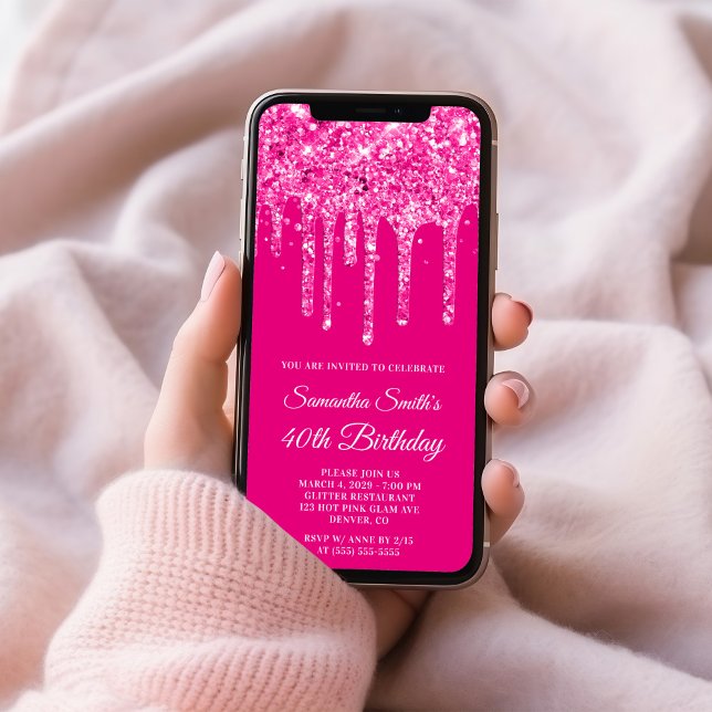 Convites Aniversário de 40 anos de brilho com pino quente (Hot Pink Dripping Glitter 40th Birthday Invitation)