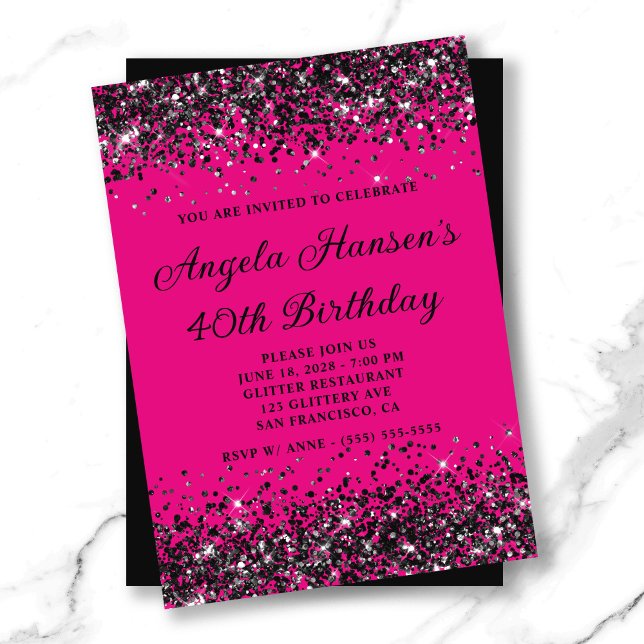 Convites Aniversário de 40 anos de brilho preto e rosa quen (Hot Pink and Black Glitter 40th Birthday Invitation)