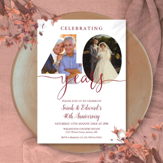 Convites Aniversário de 40 Anos de Casamento 2 Fotos Rubi (40th Wedding Anniversary 2 Photo Ruby Invitation)