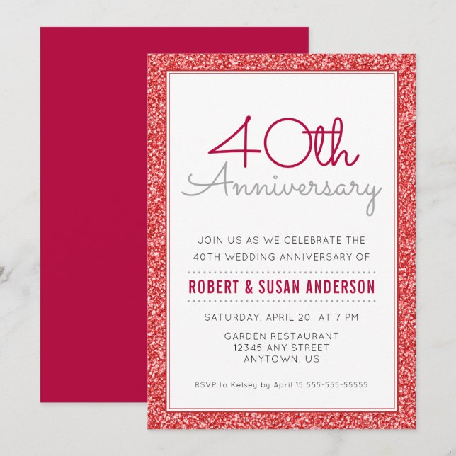 Convites Aniversário de 40 Anos de Casamento Brilho Vermelh (Frente/Verso)