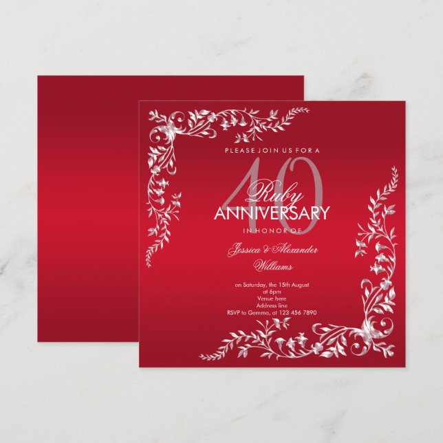 Convites Aniversário de 40 anos de Casamento Decoração Rubi (Frente/Verso)