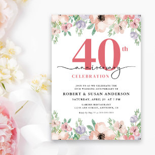 Convites Aniversário de 40 anos de casamento Elegante Flora