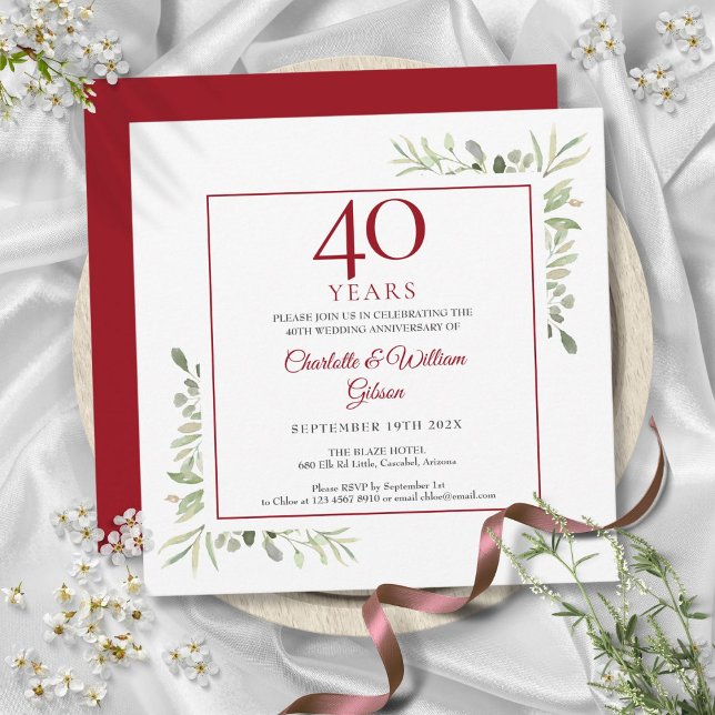 Convites Aniversário de 40 anos de casamento em rubi com ag (40th Ruby Wedding Anniversary Watercolor Greenery Invitation)