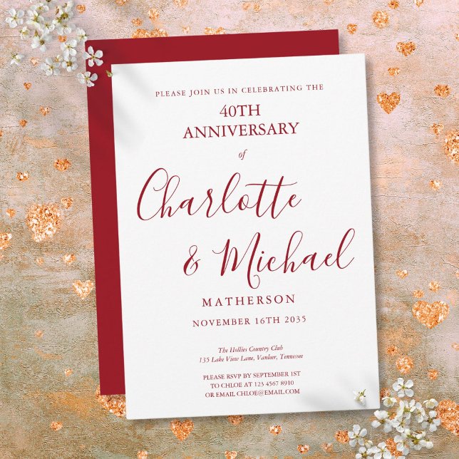 Convites Aniversário de 40 anos de Casamento em Rubi com Gr (40th Wedding Anniversary Ruby Elegant Script Invitation)