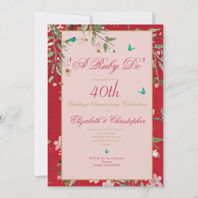 Convites Aniversário de 40 anos de Casamento Floral Vermelh (Verso)