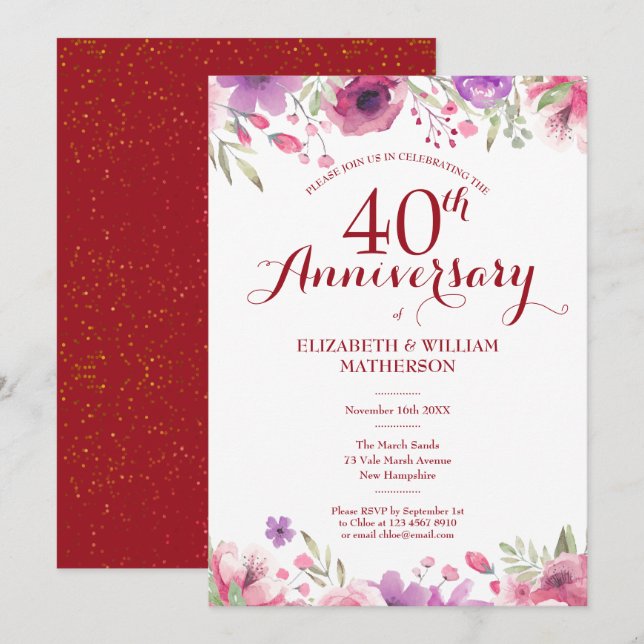 Convites Aniversário de 40 anos de casamento Rubi com Flora (Frente/Verso)
