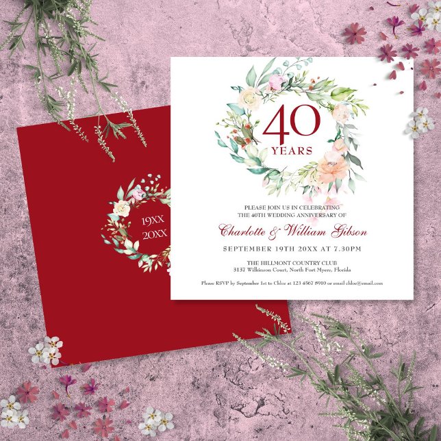 Convites Aniversário de 40 anos de Casamento Ruby Roses Flo (40th Wedding Anniversary Ruby Roses Floral Invitation)