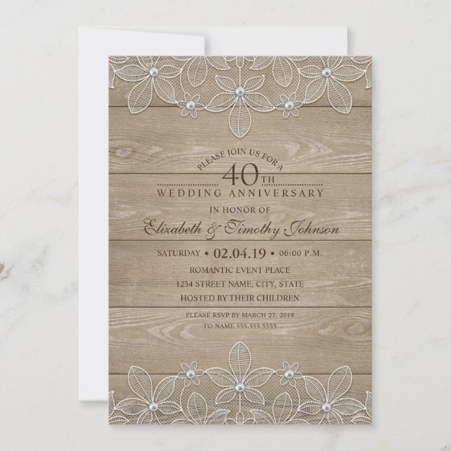 Convites Aniversário de 40 anos de Casamento Rustic Madeira (Frente)