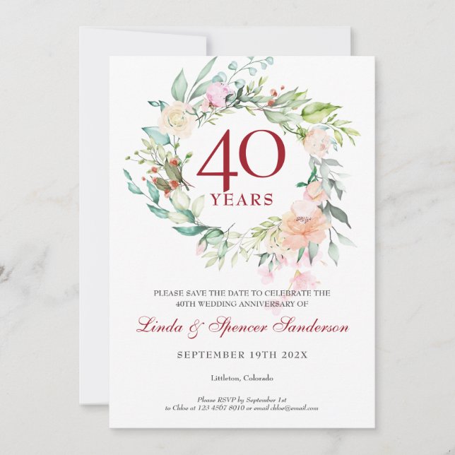 Convites Aniversário de 40 Anos de Casamento Save the Date  (Frente)
