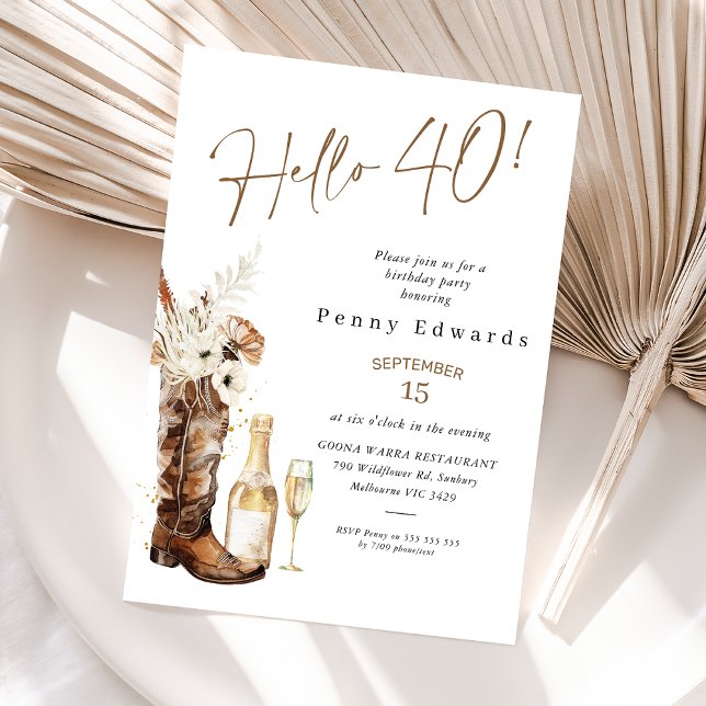 Convites Aniversário de 40 anos de Champanhe Rustic Floral  (Western Cowgirl 40th Birthday Invitation, Hello 40 Cowgirl Boot Birthday Invitation, Boho Floral)