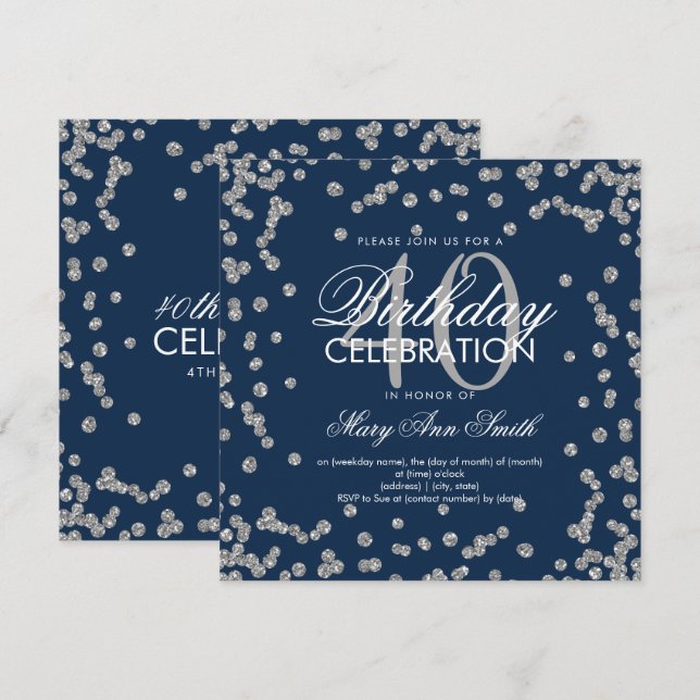 Convites aniversário de 40 anos de Confetti Azul com Marinh (Frente/Verso)