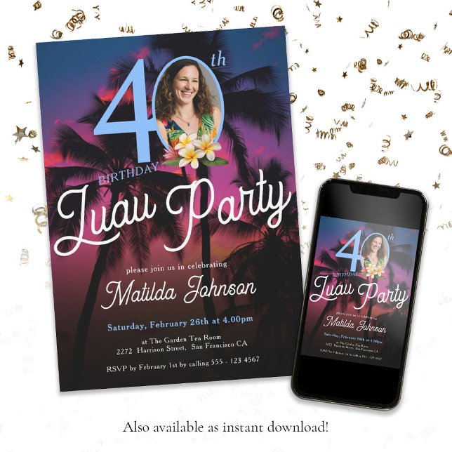 Convites Aniversário de 40 anos de Festas Personalizadas Mo (Fun 40th Birthday Luau Party Modern Custom Photo Invitation)