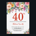 Convites Aniversário de 40 anos de Floral Vermelho de Convi<br><div class="desc">Convite para aniversário de 40 anos Floral para Mulheres. Flor Floral de Aquarela. Vermelho, Rosa, Amarelo, Laranja, Flor Roxo. Aniversário Adulto. 30 40th 50th 60th 80 de 70 de 100th 13 de 16th 18th 20 21rua de qualquer idade. Para mais personalização, clique no botão "Personalizar" e use nossa ferramenta de...</div>