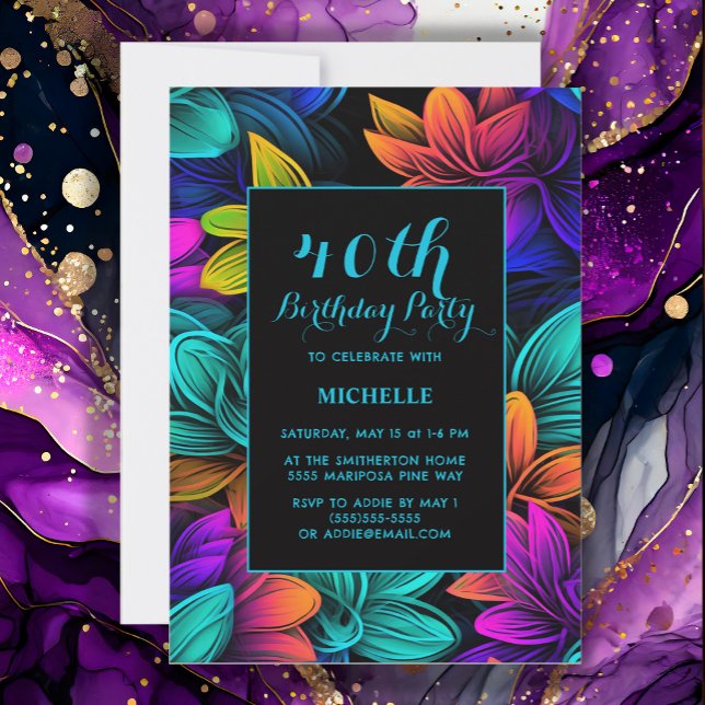 Convites Aniversário de 40 anos de Flores de Néon Roxo-Lara (Neon purple, yellow, and teal 40th birthday party invitation
)