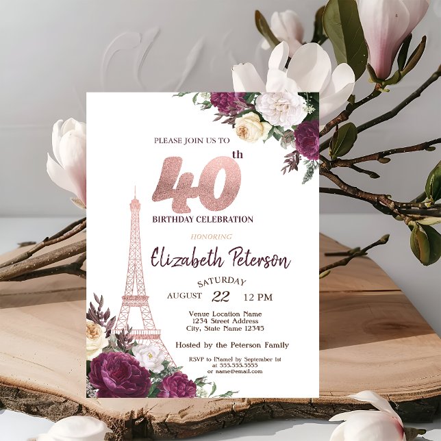 Convites Aniversário de 40 anos de Flores de Torre Eiffel (Criador carregado)