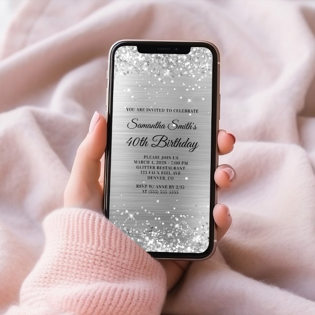 Convites Aniversário de 40 anos de folha de prata escovada  (Glittery Brushed Silver Foil 40th Birthday Invitation)