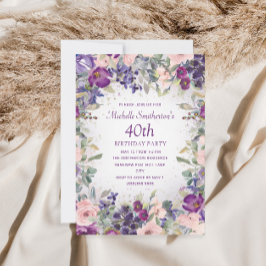 Convites Aniversário de 40 anos de Folhagem Floral Rosa Púr