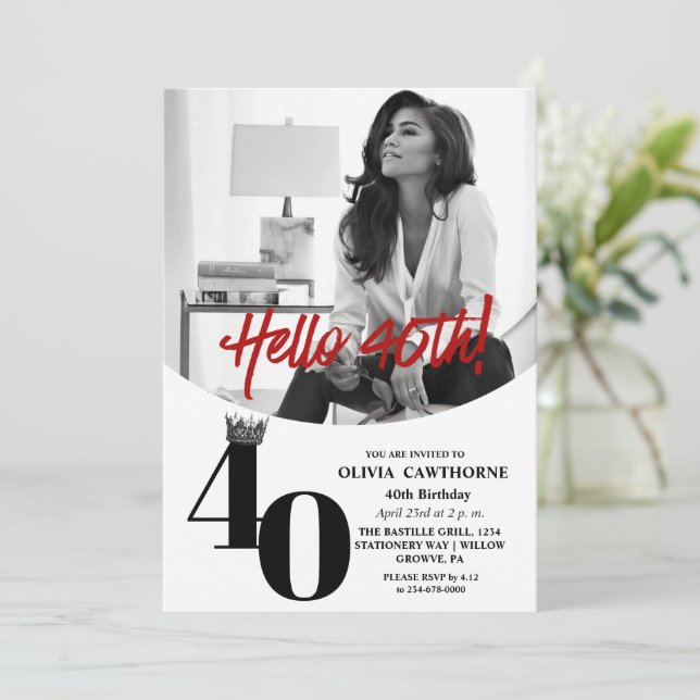 Convites Aniversário de 40 anos de Foto Branco Moderno 2 Pr (Em pé/Frente)