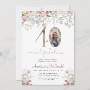 Convites Aniversário de 40 anos de Foto Floral Elegante