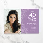 Convites Aniversário de 40 anos de Foto Floral Purple Lavan<br><div class="desc">convite de festas lavanda floral roxo aniversário de 40 anos com sua foto na frente da placa. Elegante design moderno com desenhos botânicos desenhados em destaque e letra de script de tipografia. Simples trendy convida cartão perfeito para uma festa de na moda. Pode ser personalizado para qualquer idade. Impressos convites...</div>