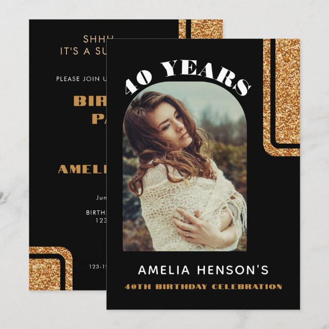 Convites Aniversário de 40 anos de Fotografia Dourada brilh (Frente/Verso)