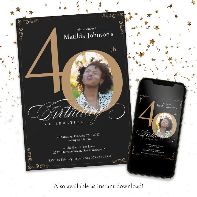 Convites Aniversário de 40 anos de Fotografia Elegante Dour (Black Gold Elegant Calligraphy Photo 40th Birthday Invitation)