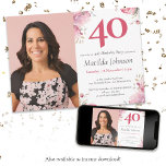 Convites Aniversário de 40 anos de Fotografia Personalizada<br><div class="desc">Convite para aniversário de 40 anos de Fotografia Personalizada Cor Floral Floral de Água. Mergulhe numa delicada mistura de tons de aquarela, predominantemente rosa, e intrincados detalhes florais que formam uma tapeçaria caprichosa de elegância. Elevem o toque pessoal com uma foto personalizada, tecendo perfeitamente memórias devoradas no design do convite....</div>