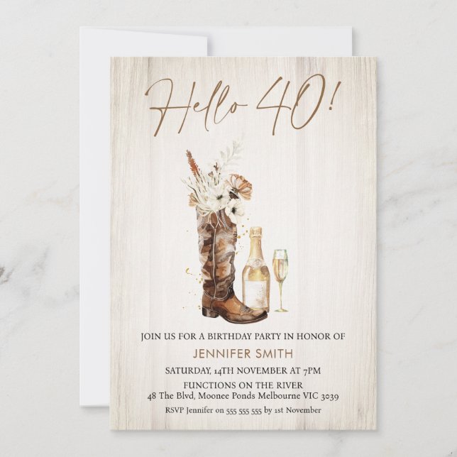 Convites Aniversário de 40 anos de Garrafa de Boot Rustic F (Frente)