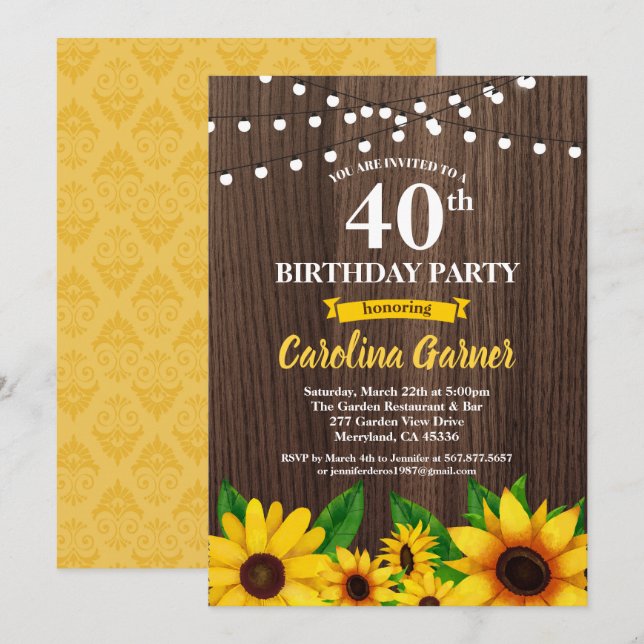 Convites Aniversário de 40 anos de girassol. Qualquer idade (Frente/Verso)