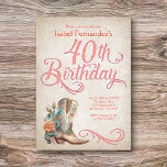 Convites Aniversário de 40 anos de Inicializações Ocidentai<br><div class="desc">Peguem suas cabines para uma noite de excelente com este convite de aniversário de oeste do país! Possui uma linda bota de vaqueira e flores, juntamente com caligrafia vintage. Perfeito para sua vaqueira favorita ou fã de música country em seu aniversário de 40 anos. Solicite seus convites impressos e suprimentos...</div>