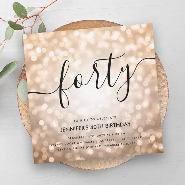 Convites Aniversário de 40 anos de Luzes Leves Douradas do  (Modern Rose Gold Glitter Lights 40th Birthday Invitation)