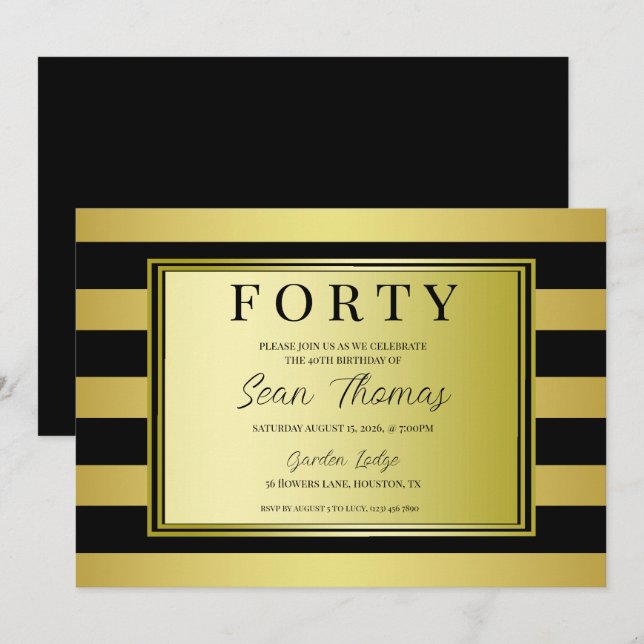 Convites aniversário de 40 anos de moldura Dourada (Frente/Verso)