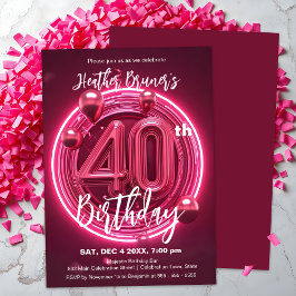 Convites Aniversário de 40 anos de Neon Rosa Vibrante com B